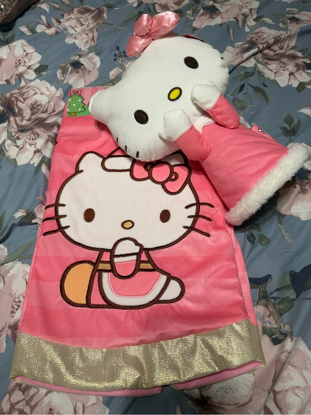 Hello Kitty Pink Plush Pillow and Matching Pink Throw with Gold Trim
